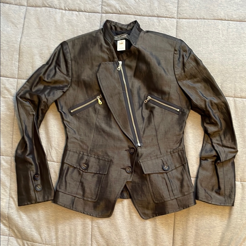 Vintage Metallic Navy Blue Size 8 Blazer with Asymmetrical Zip and Lapels